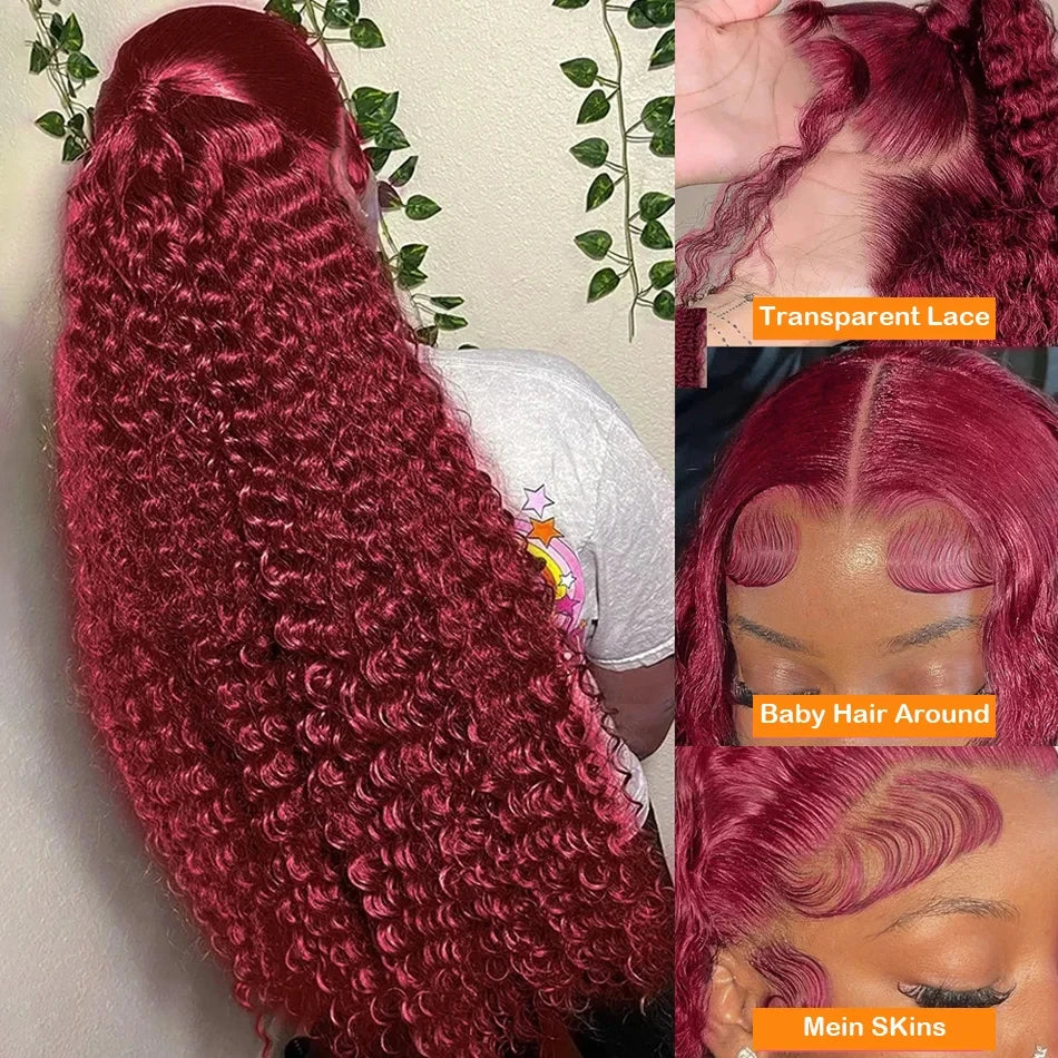 30 40 Inch Deep Wave 99J Burgundy 13x6 Lace Frontal Wig Human Hair 13x4 Curly HD Lace Front Wigs Brazilian Red Wine Water Wave