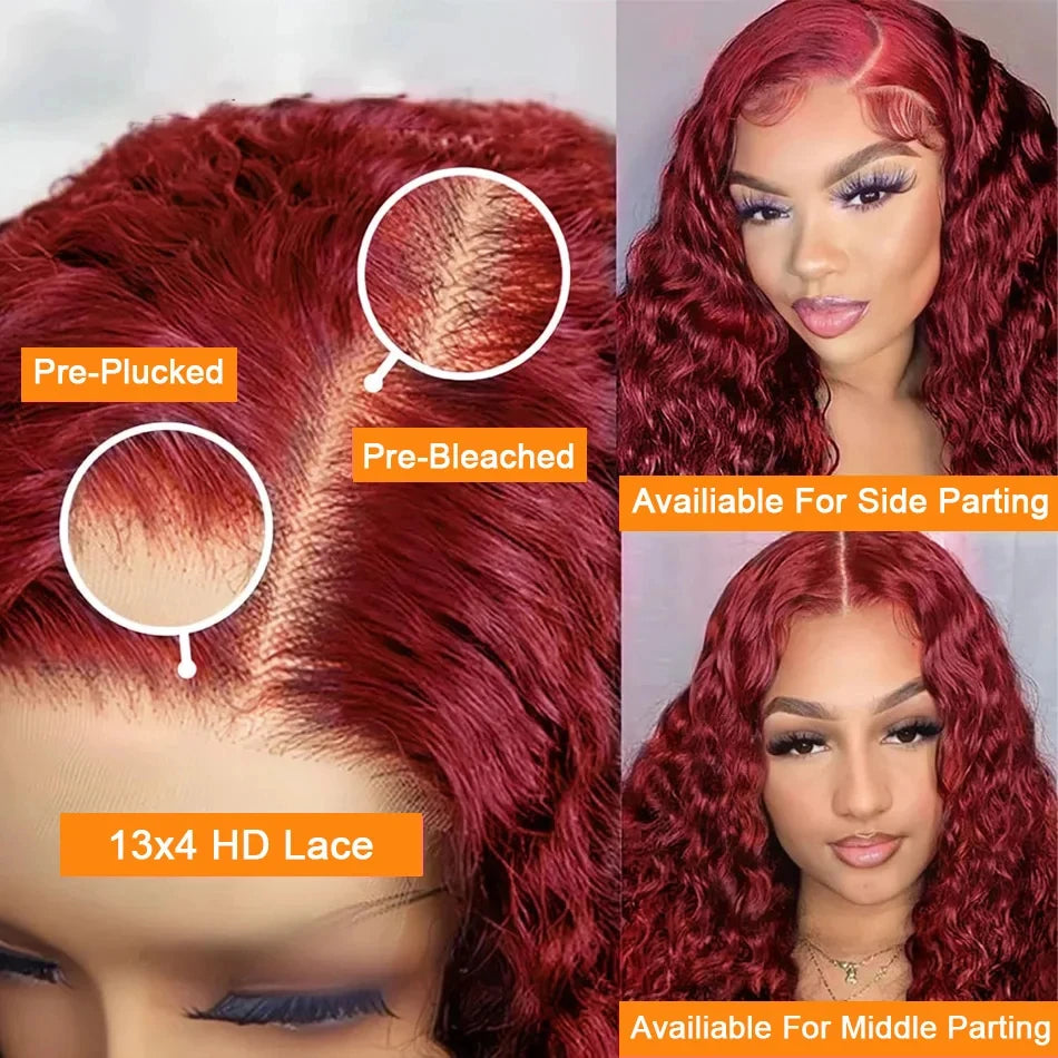 30 40 Inch Deep Wave 99J Burgundy 13x6 Lace Frontal Wig Human Hair 13x4 Curly HD Lace Front Wigs Brazilian Red Wine Water Wave